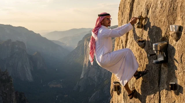 Saudi Man Climbing Mountain with Coffee Equipment at Sunset