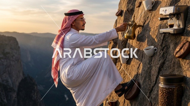 رجل سعودي يتسلق جبل القهوة وقت الغروب