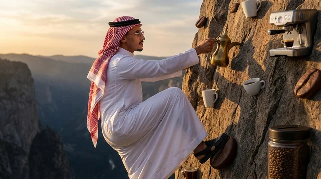 Saudi Man Climbing Coffee Mountain at Sunset