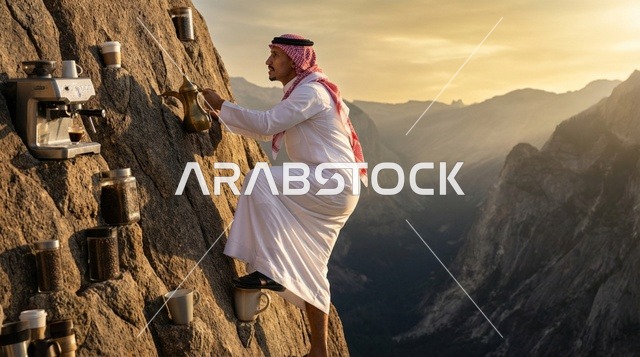 رجل سعودي يحضر القهوة أثناء تسلق منحدر صخري
