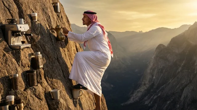رجل سعودي يحضر القهوة أثناء تسلق منحدر صخري