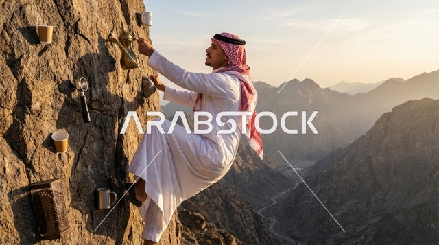 رجل سعودي يتسلق الجبال مع دلة القهوة العربية