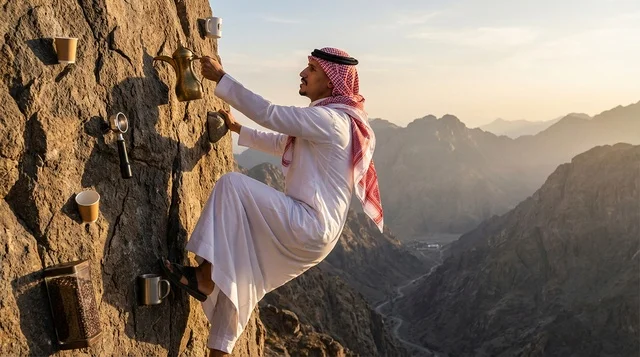 رجل سعودي يتسلق الجبال مع دلة القهوة العربية