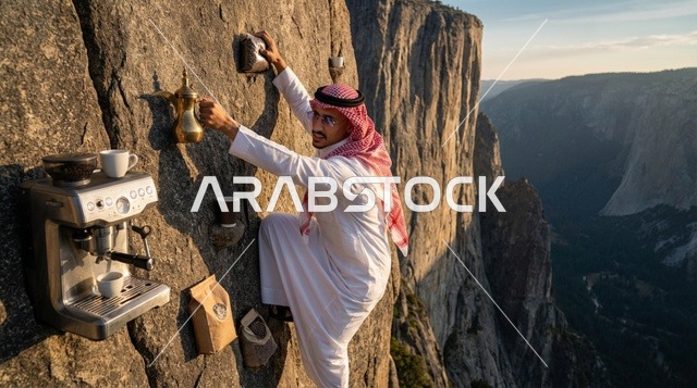 رجل سعودي يتسلق جرفاً جبلياً مع آلة قهوة