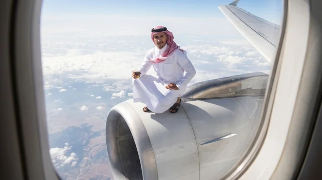 Saudi Man Sitting on Airplane Engine Mid-Flight