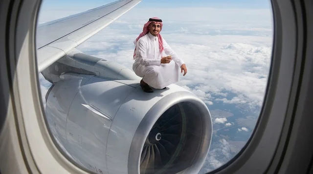رجل سعودي يجلس على محرك طائرة في الجو