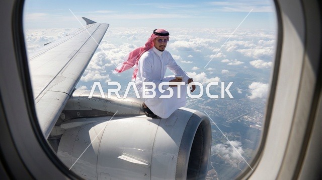 رجل سعودي يجلس على محرك طائرة نفاثة أثناء الطيران