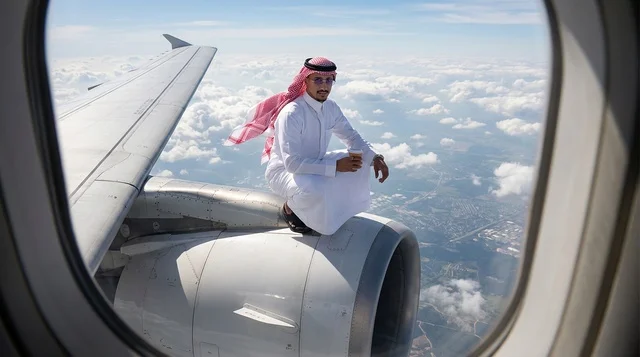 Saudi Man Sitting on Jet Airplane Engine Mid-Flight
