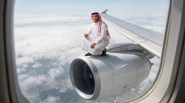 Saudi Man in Traditional Thobe Sitting on Airplane Engine