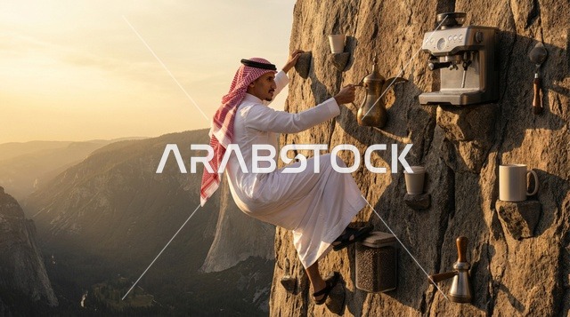رجل سعودي يتسلق صخرة مع أدوات القهوة عند الغروب