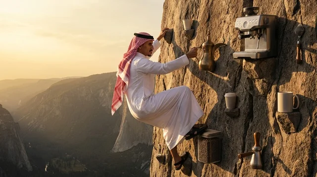 Saudi Man Climbing Cliff with Coffee Machine at Sunset
