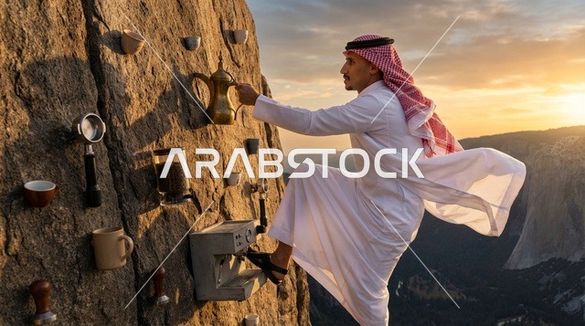 رجل سعودي يتسلق جبل ويحضر القهوة وقت الغروب