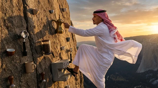 Saudi Man Climbing Rock Wall Making Coffee at Sunset