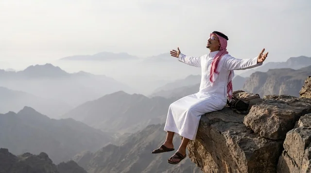 رجل سعودي يجلس على حافة جبل بذراعين مفتوحتين