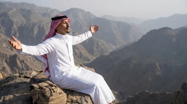 Saudi Man on Mountain Peak with Outstretched Arms