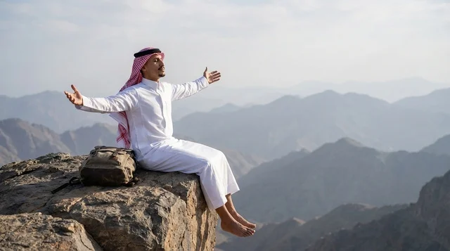 رجل سعودي بالزي التقليدي على قمة الجبل