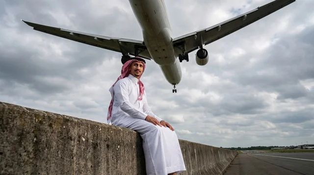 Saudi Man at Airport with Airplane Overhead