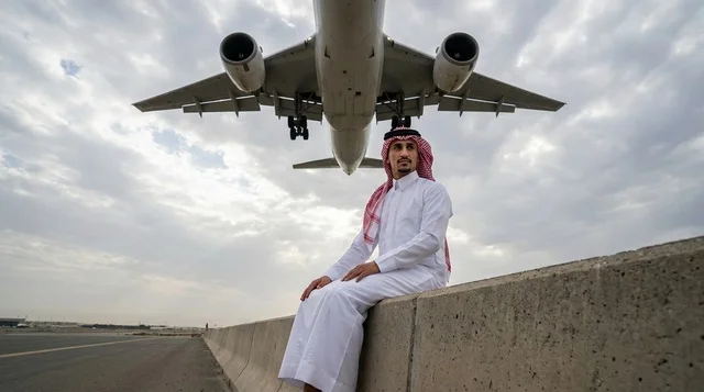 رجل سعودي بالزي التقليدي مع طائرة تحلق فوقه