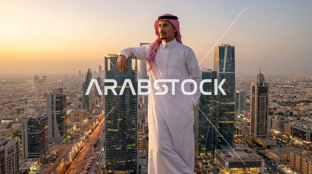رجل سعودي يطل على أفق مدينة الرياض وقت الغروب