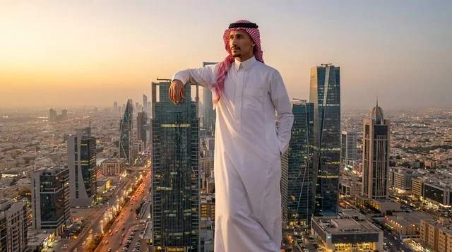 رجل سعودي يطل على أفق مدينة الرياض وقت الغروب