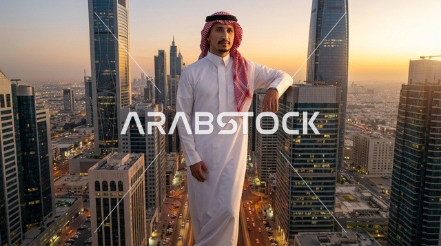رجل سعودي يطل على أفق مدينة الرياض وقت الغروب