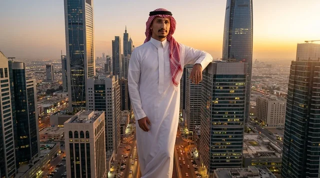 Saudi Man Overlooking Riyadh Skyline at Sunset