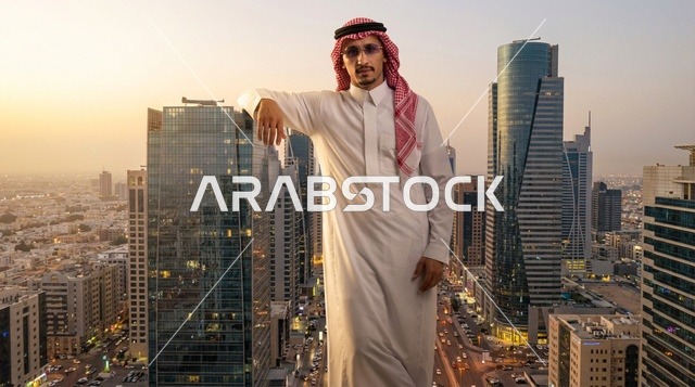 رجل سعودي في أفق مدينة الرياض عند الغروب