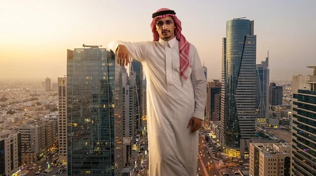 رجل سعودي في أفق مدينة الرياض عند الغروب