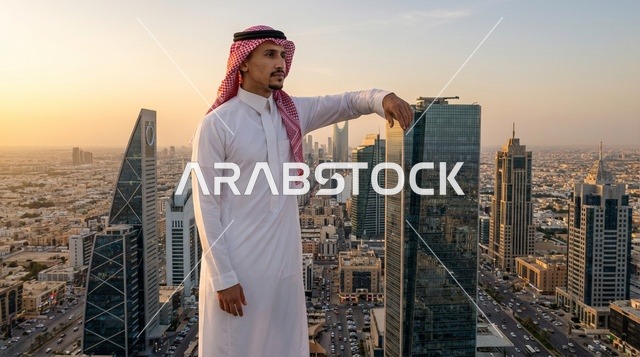 رجل سعودي في أفق مدينة الرياض وقت الغروب