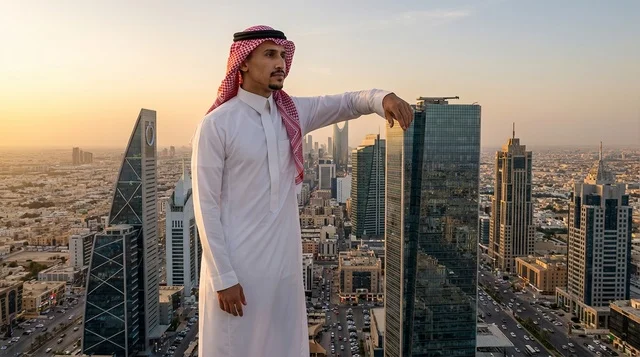 Saudi Man in Riyadh Skyline at Sunset