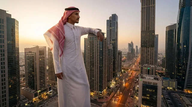 Saudi Man on Skyscraper Overlooking Riyadh Skyline