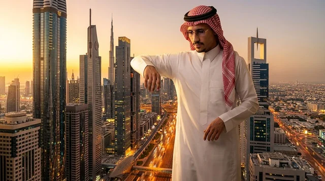 رجل سعودي أمام أفق مدينة دبي وقت الغروب