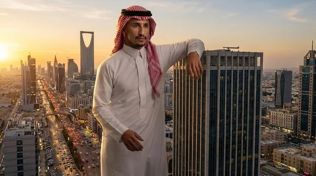 Saudi Man in Traditional Dress Riyadh Skyline Sunset