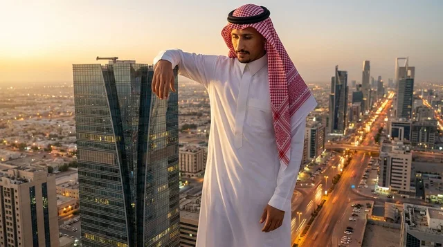 رجل سعودي بالزي التقليدي فوق أفق مدينة الرياض