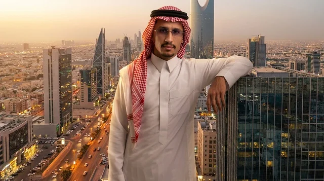 رجل سعودي في أفق مدينة الرياض وقت الغروب