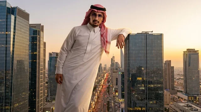 Saudi Man in Traditional Dress Riyadh City Skyline Sunset