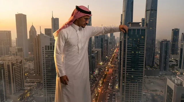 رجل سعودي بالزي التقليدي وسط مدينة مصغرة وقت الغروب