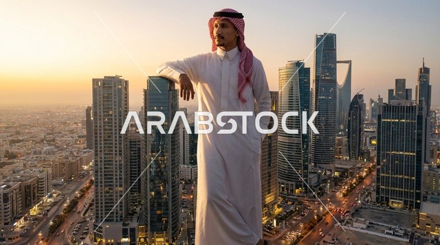 رجل سعودي أمام أفق مدينة الرياض وقت الغروب
