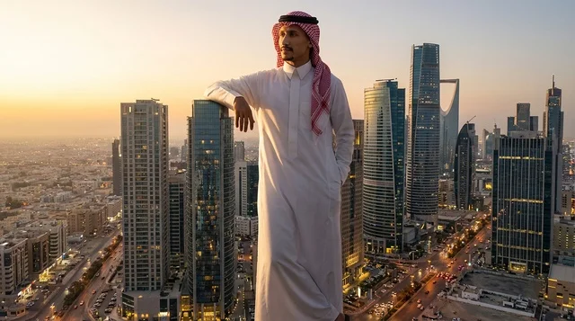 رجل سعودي أمام أفق مدينة الرياض وقت الغروب