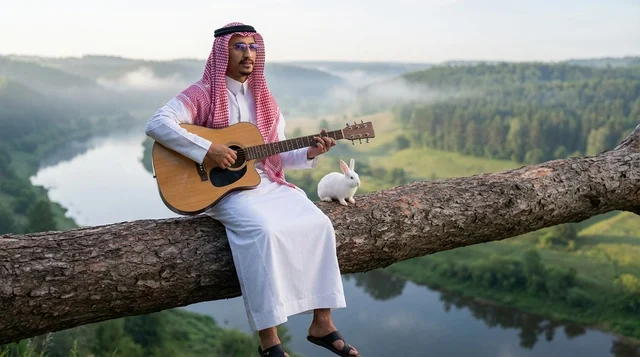 رجل سعودي يعزف الجيتار على جذع شجرة بجوار أرنب أبيض