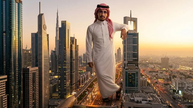 رجل سعودي باللباس التقليدي على ناطحة سحاب في دبي