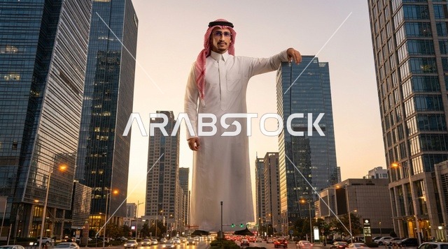 رجل سعودي عملاق بالثوب والشماغ وسط ناطحات سحاب الرياض
