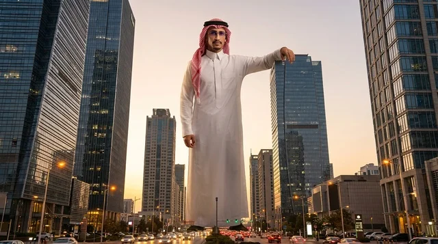 Giant Saudi Man in Thobe Among Riyadh Skyscrapers