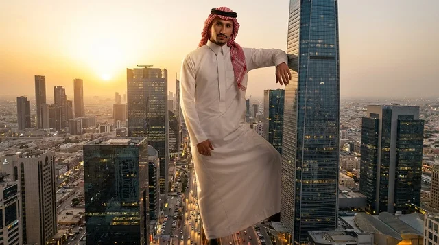 Saudi Man in Traditional Dress Riyadh Skyline Sunset