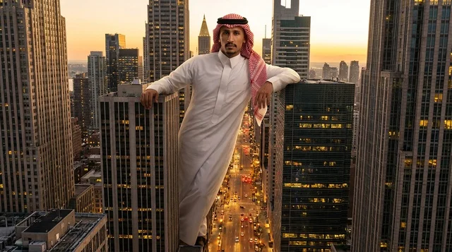 رجل سعودي بالثوب التقليدي يطل على أفق المدينة وقت الغروب