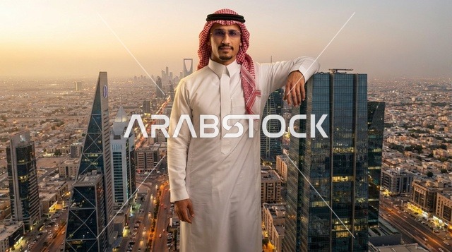 رجل سعودي أمام أفق مدينة الرياض وقت الغروب