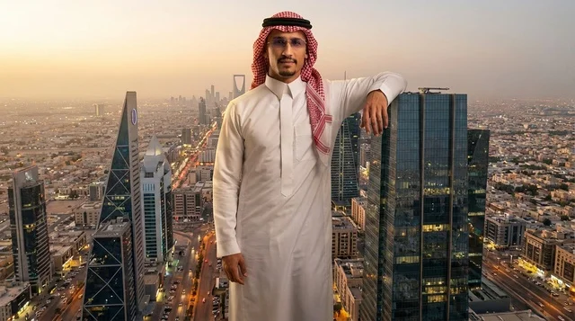 Saudi Man Riyadh Skyline Sunset Kingdom Centre