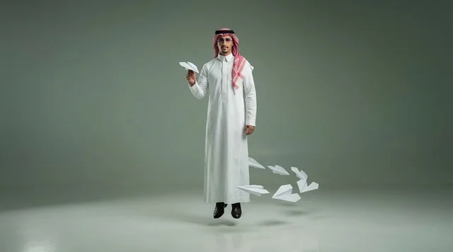 Saudi Man in Thobe Levitation with Paper Airplanes