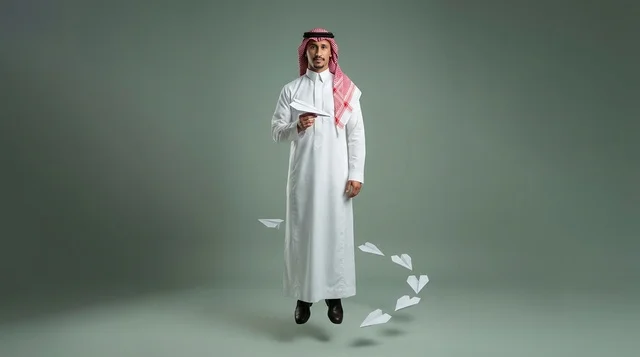 Saudi Man in Thobe Holding Paper Plane in Studio