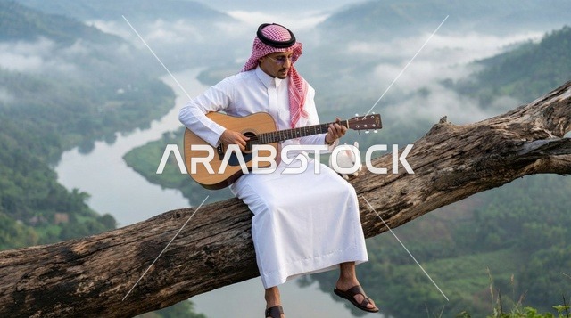 رجل سعودي يعزف الجيتار في وادي ضبابي مع أرنب